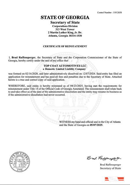 USA Georgia certificate of reinstatement Word and PDF template
